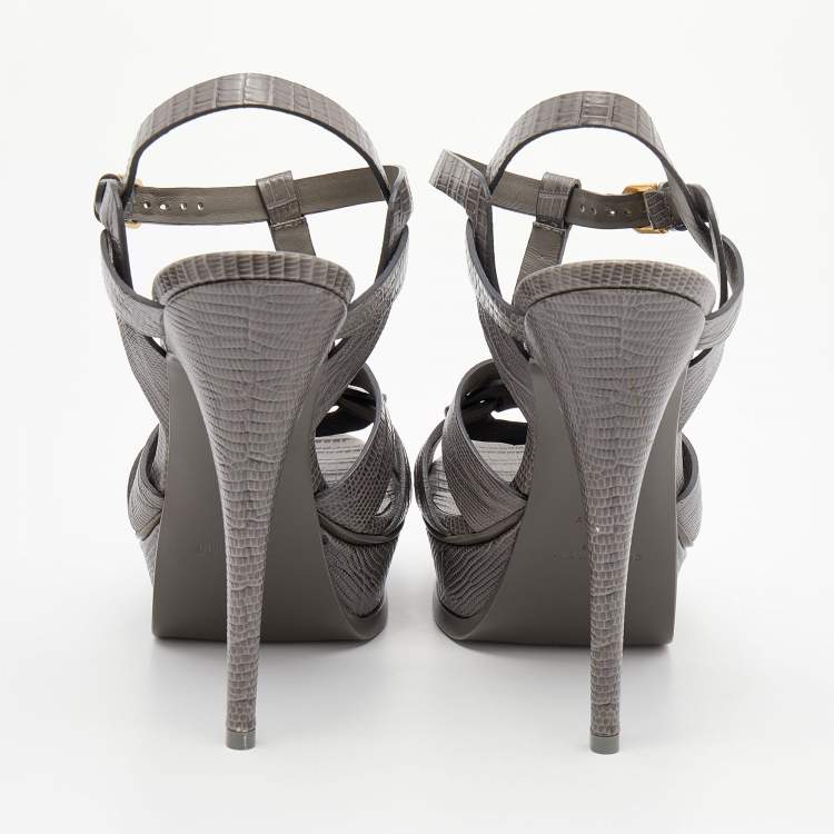 Pre Owned Yves Saint Laurent Grey LIzard Embossed Leather Tribute Platform Sandals Size 39
