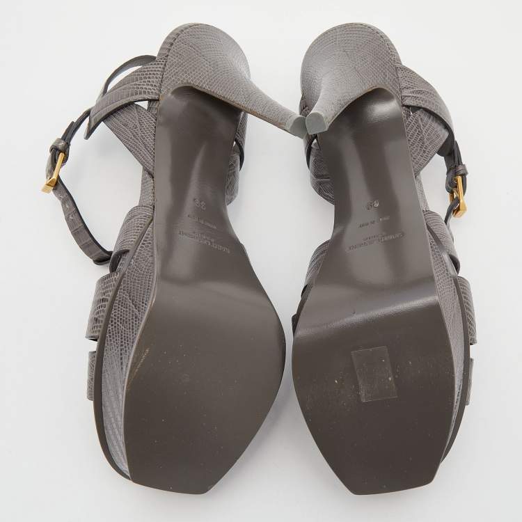 Pre Owned Yves Saint Laurent Grey LIzard Embossed Leather Tribute Platform Sandals Size 39