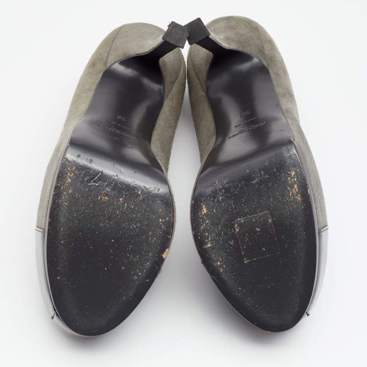 Pre Owned Yves Saint Laurent Grey Suede And Patent Leather Tribtoo Platform Pumps Size 38