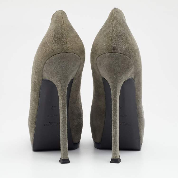 Pre Owned Yves Saint Laurent Grey Suede And Patent Leather Tribtoo Platform Pumps Size 38