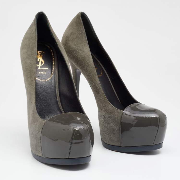 Pre Owned Yves Saint Laurent Grey Suede And Patent Leather Tribtoo Platform Pumps Size 38