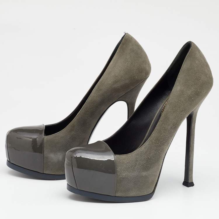 Pre Owned Yves Saint Laurent Grey Suede And Patent Leather Tribtoo Platform Pumps Size 38
