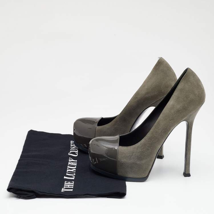 Pre Owned Yves Saint Laurent Grey Suede And Patent Leather Tribtoo Platform Pumps Size 38