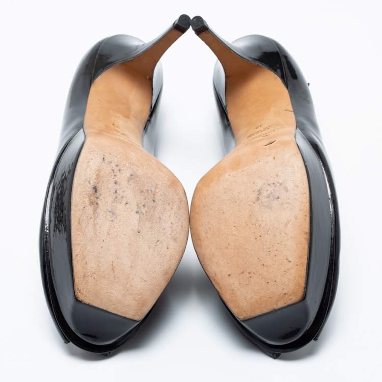 Pre Owned Yves Saint Laurent Black Patent Leather Peep Toe Ankle Strap Pumps Size 39