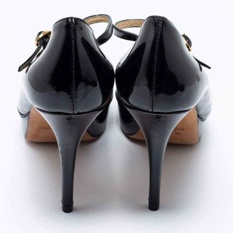Pre Owned Yves Saint Laurent Black Patent Leather Peep Toe Ankle Strap Pumps Size 39