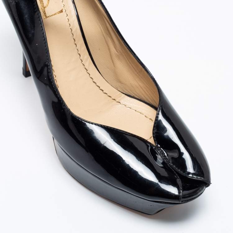 Pre Owned Yves Saint Laurent Black Patent Leather Peep Toe Ankle Strap Pumps Size 39