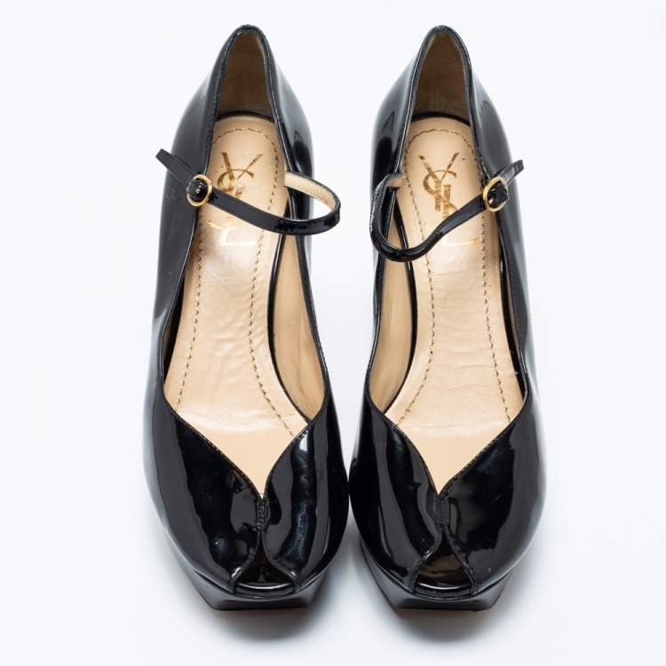 Pre Owned Yves Saint Laurent Black Patent Leather Peep Toe Ankle Strap Pumps Size 39