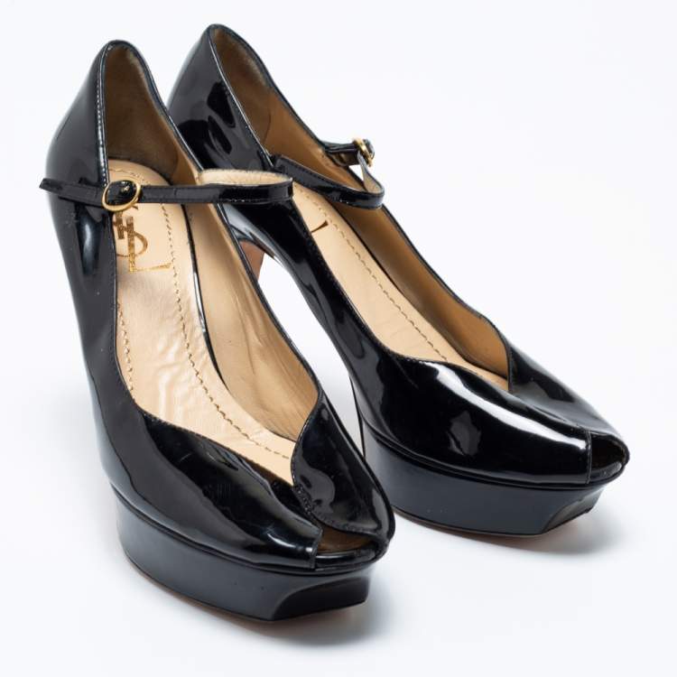 Pre Owned Yves Saint Laurent Black Patent Leather Peep Toe Ankle Strap Pumps Size 39