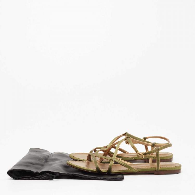 Pre Owned Yves Saint Laurent Green Satin Flat Sandals Size 38.5