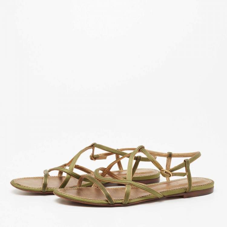 Pre Owned Yves Saint Laurent Green Satin Flat Sandals Size 38.5
