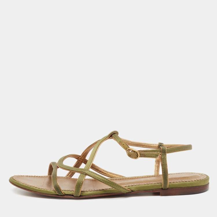 Pre Owned Yves Saint Laurent Green Satin Flat Sandals Size 38.5