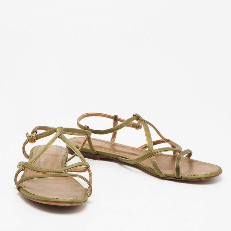 Pre Owned Yves Saint Laurent Green Satin Flat Sandals Size 38.5