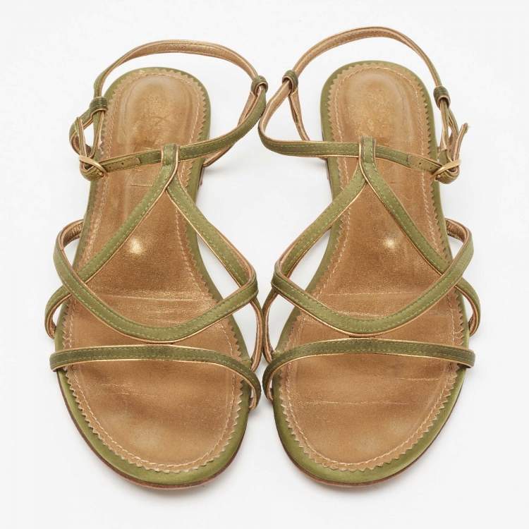 Pre Owned Yves Saint Laurent Green Satin Flat Sandals Size 38.5