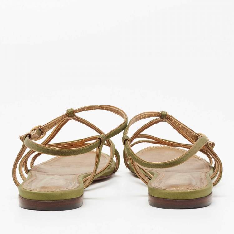 Pre Owned Yves Saint Laurent Green Satin Flat Sandals Size 38.5