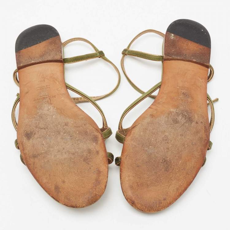 Pre Owned Yves Saint Laurent Green Satin Flat Sandals Size 38.5