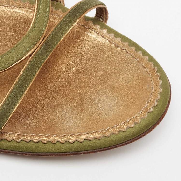 Pre Owned Yves Saint Laurent Green Satin Flat Sandals Size 38.5