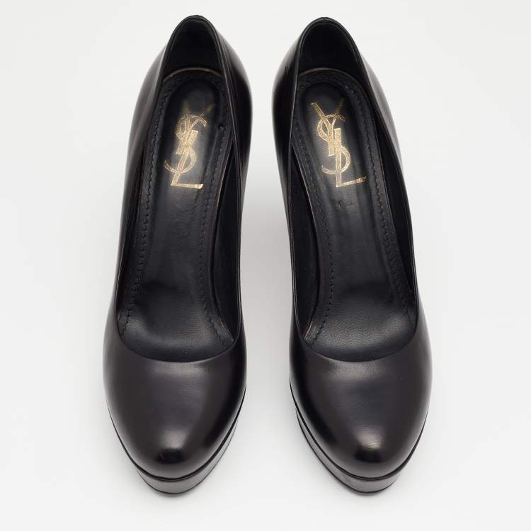 Pre Owned Yves Saint Laurent Black Leather Round Toe Platform Pumps Size 38.5