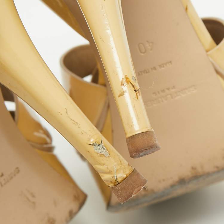 Pre Owned Yves Saint Laurent Beige Patent Leather Tribute Sandals Size 40