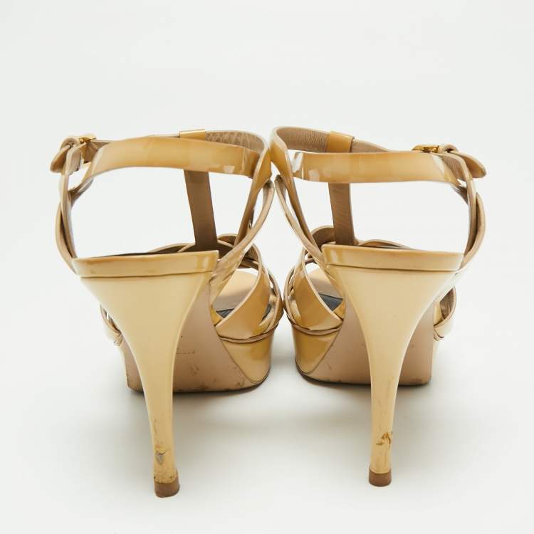 Pre Owned Yves Saint Laurent Beige Patent Leather Tribute Sandals Size 40