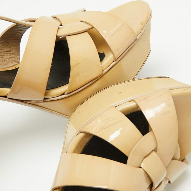 Pre Owned Yves Saint Laurent Beige Patent Leather Tribute Sandals Size 40