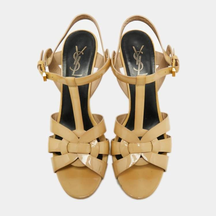 Pre Owned Yves Saint Laurent Beige Patent Leather Tribute Sandals Size 40