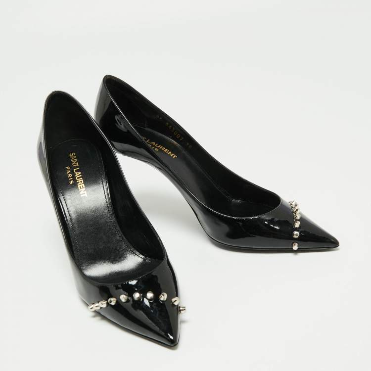 Pre Owned Yves Saint Laurent Black Patent Leather Zoe Studded Pointed Toe Pumps Size 38