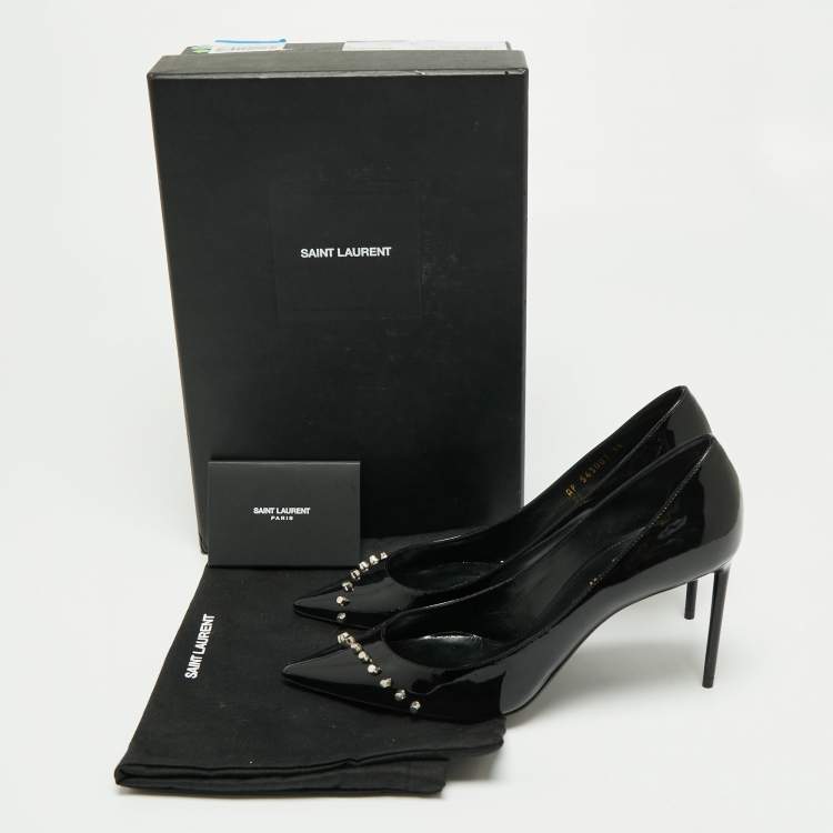 Pre Owned Yves Saint Laurent Black Patent Leather Zoe Studded Pointed Toe Pumps Size 38