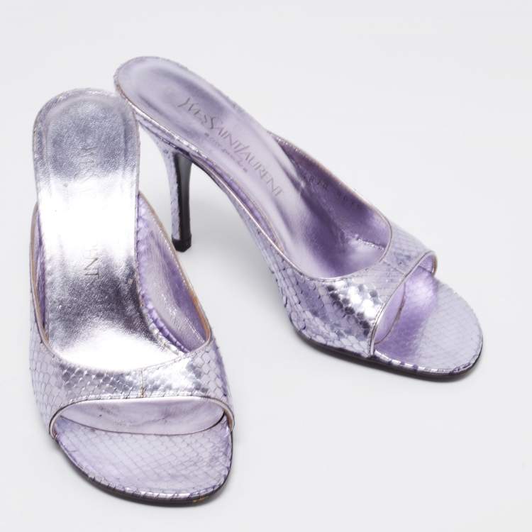 Pre Owned Yves Saint Laurent Light Purple Python Embossed Leather Open Toe Sandals Size 38