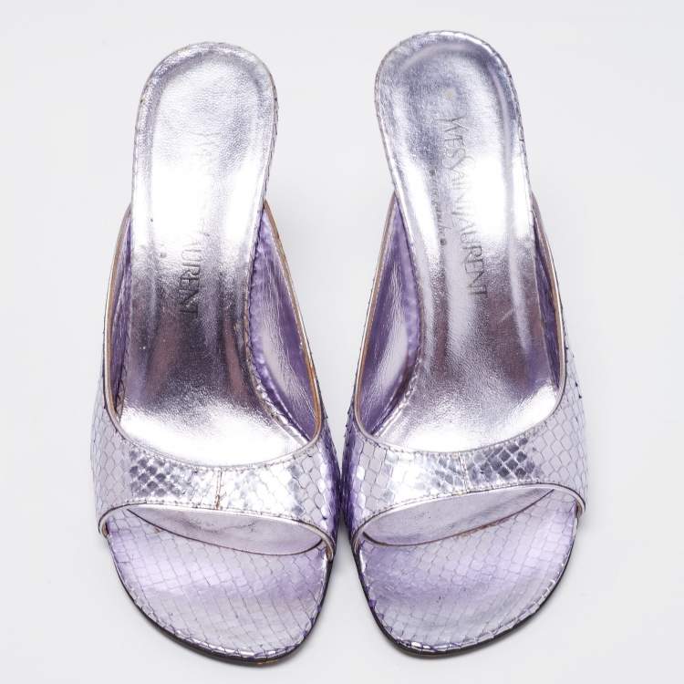 Pre Owned Yves Saint Laurent Light Purple Python Embossed Leather Open Toe Sandals Size 38