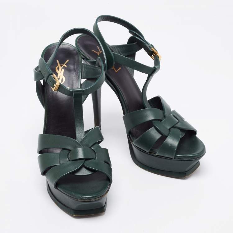 Pre Owned Yves Saint Laurent Green Leather Tribute Platform  Sandals Size 39 