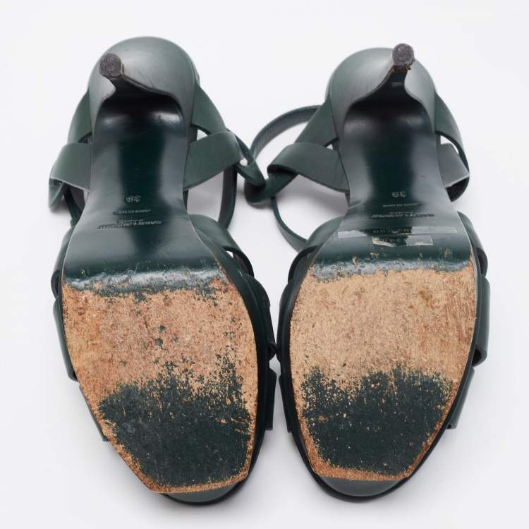 Pre Owned Yves Saint Laurent Green Leather Tribute Platform  Sandals Size 39 