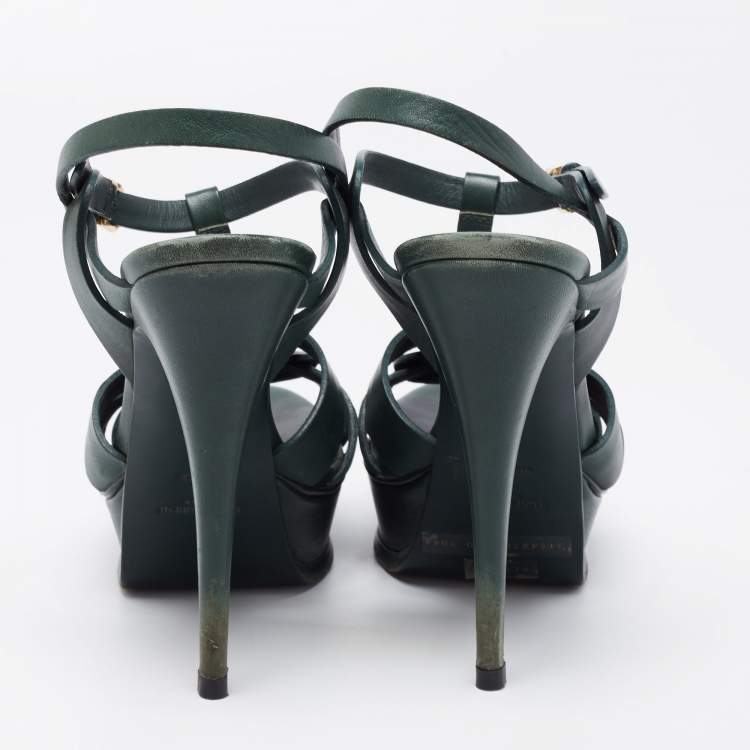 Pre Owned Yves Saint Laurent Green Leather Tribute Platform  Sandals Size 39 
