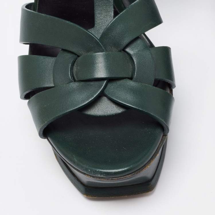 Pre Owned Yves Saint Laurent Green Leather Tribute Platform  Sandals Size 39 