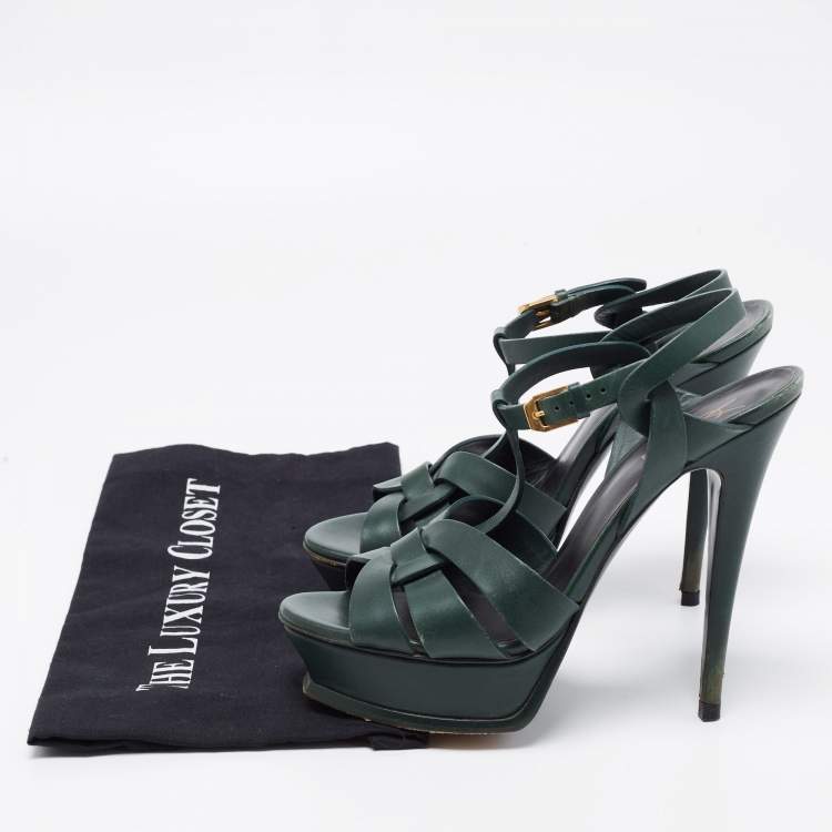 Pre Owned Yves Saint Laurent Green Leather Tribute Platform  Sandals Size 39 
