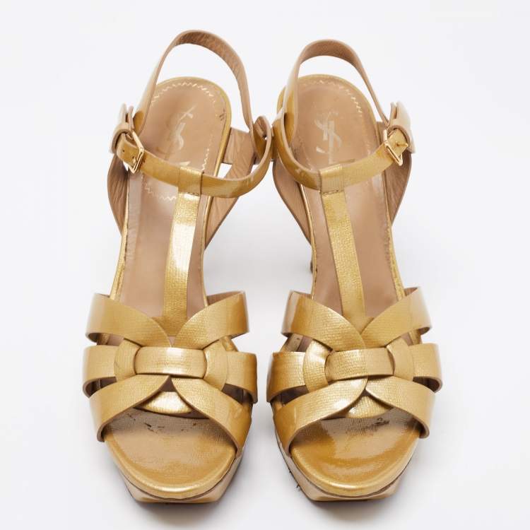 Pre Owned Yves Saint Laurent Metallic Yellow Patent Leather Tribute Platform Sandals Size 40