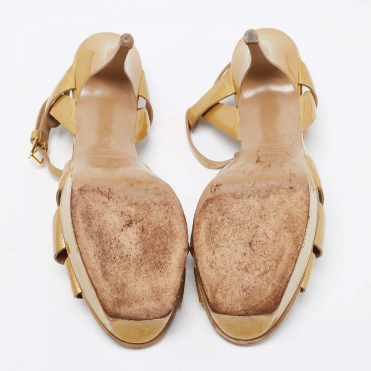 Pre Owned Yves Saint Laurent Metallic Yellow Patent Leather Tribute Platform Sandals Size 40