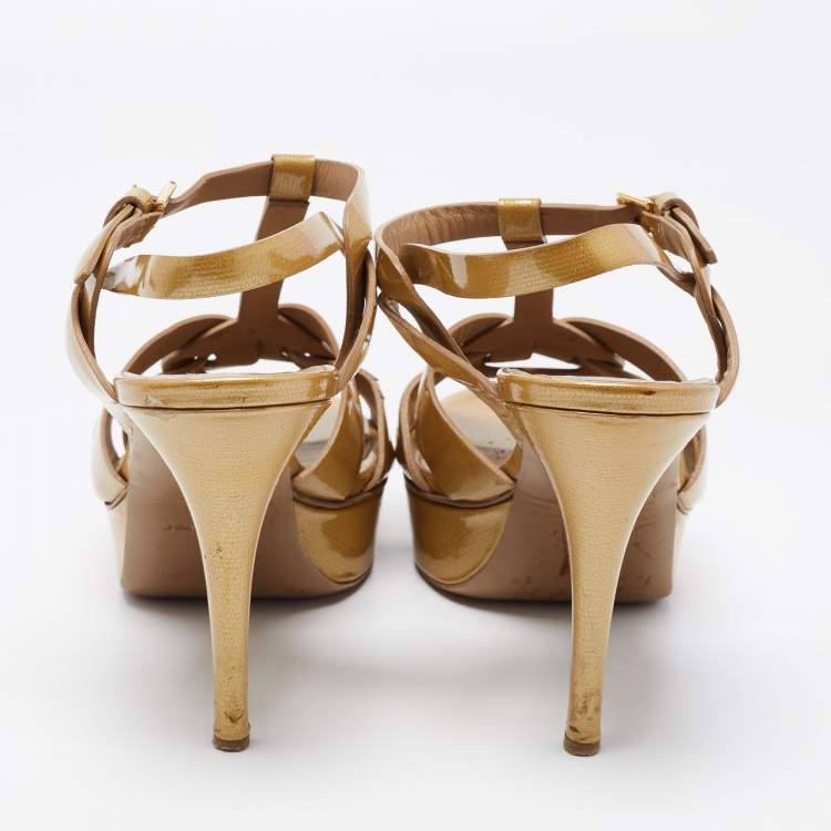 Pre Owned Yves Saint Laurent Metallic Yellow Patent Leather Tribute Platform Sandals Size 40