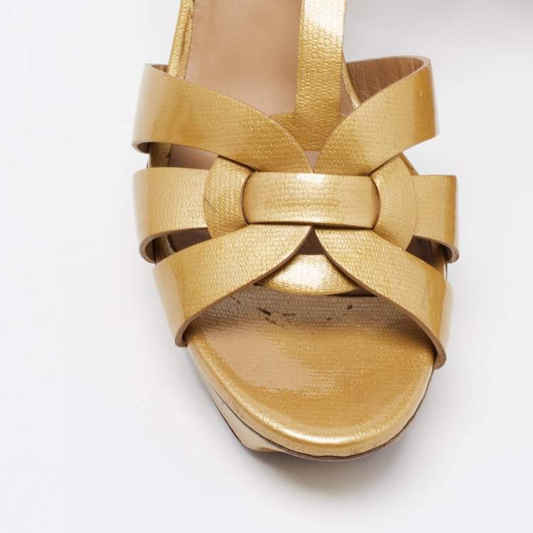 Pre Owned Yves Saint Laurent Metallic Yellow Patent Leather Tribute Platform Sandals Size 40