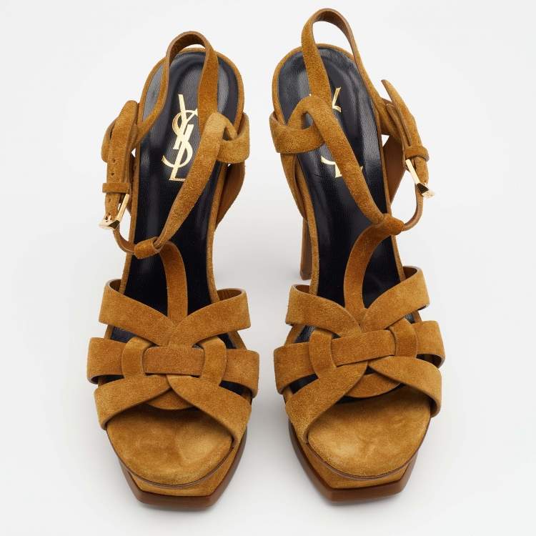 Pre Owned Saint Laurent Mustard Yellow Suede Tribute Ankle Strap Platform Sandals Size 37.5