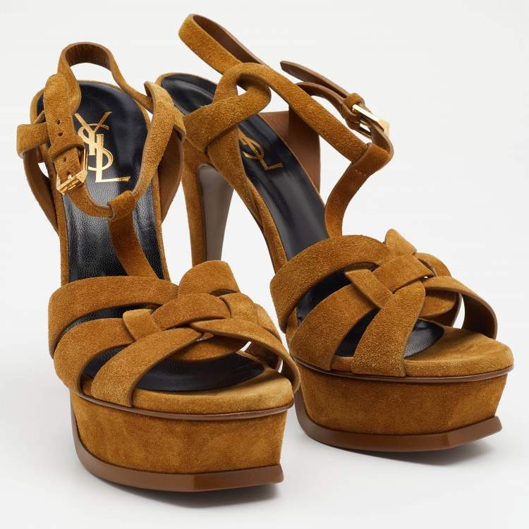 Pre Owned Saint Laurent Mustard Yellow Suede Tribute Ankle Strap Platform Sandals Size 37.5