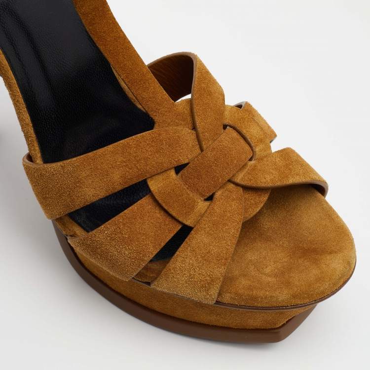 Pre Owned Saint Laurent Mustard Yellow Suede Tribute Ankle Strap Platform Sandals Size 37.5