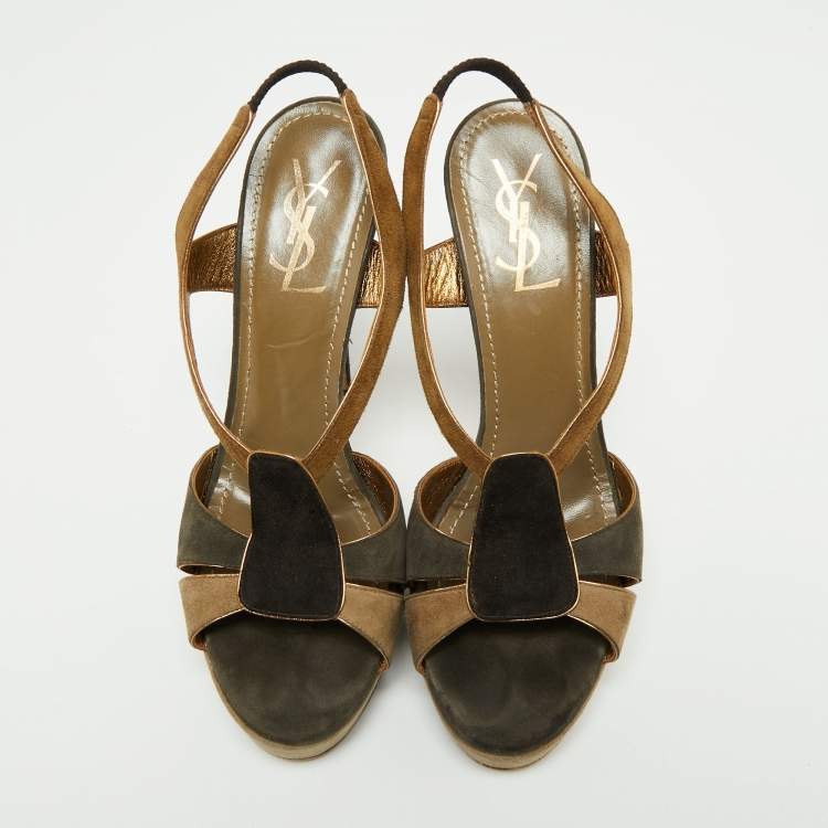 Pre Owned Yves Saint Laurent Multicolor Suede Slingback Platform Sandals Size 39