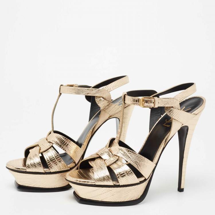 Pre Owned Yves Saint Laurent Metallic Gold Lizard Embossed Leather Tribute Ankle Strap Platform Sandals Size 39
