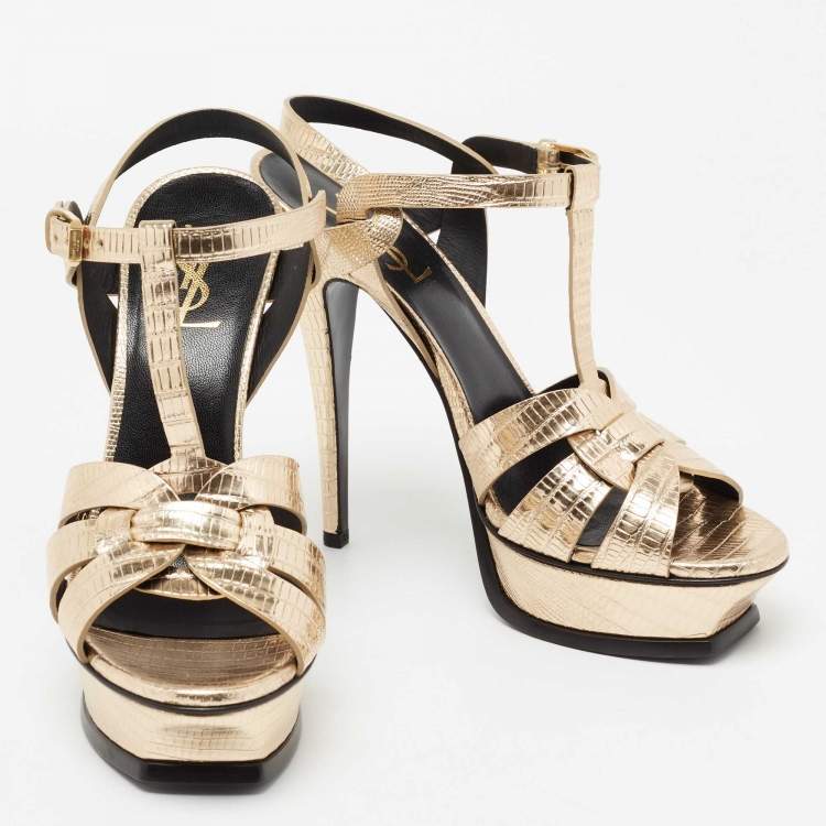 Pre Owned Yves Saint Laurent Metallic Gold Lizard Embossed Leather Tribute Ankle Strap Platform Sandals Size 39