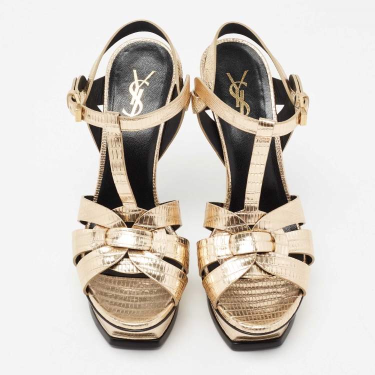 Pre Owned Yves Saint Laurent Metallic Gold Lizard Embossed Leather Tribute Ankle Strap Platform Sandals Size 39