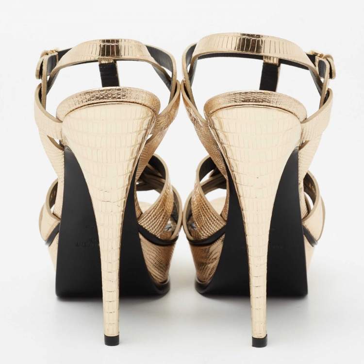 Pre Owned Yves Saint Laurent Metallic Gold Lizard Embossed Leather Tribute Ankle Strap Platform Sandals Size 39