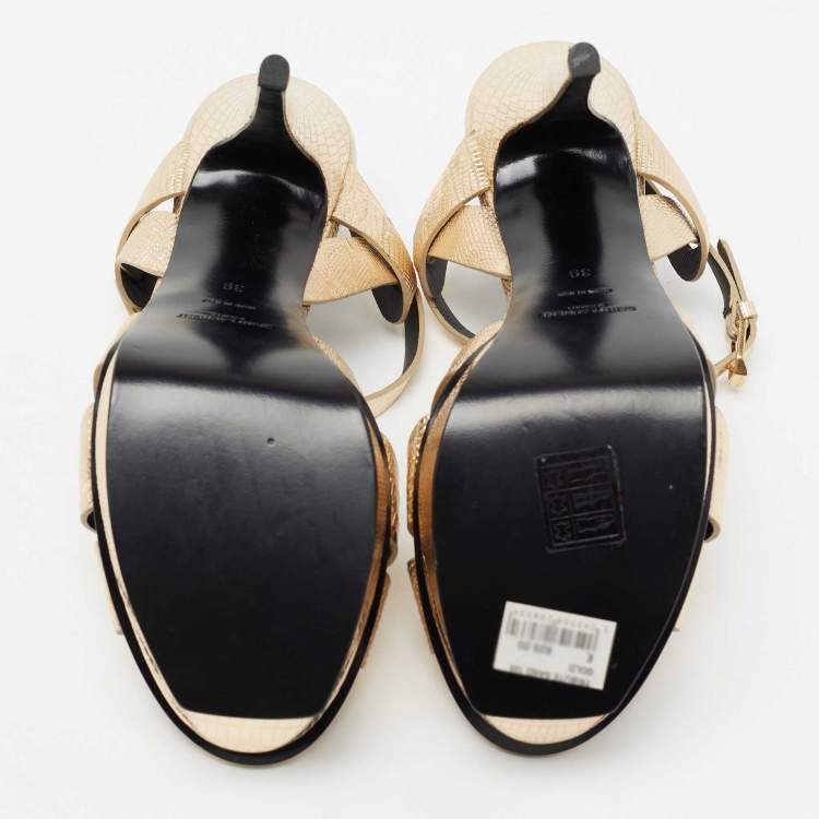 Pre Owned Yves Saint Laurent Metallic Gold Lizard Embossed Leather Tribute Ankle Strap Platform Sandals Size 39