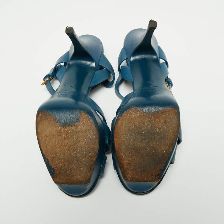 Pre Owned Yves Saint Laurent Blue Leather Tribute Sandals Size 39