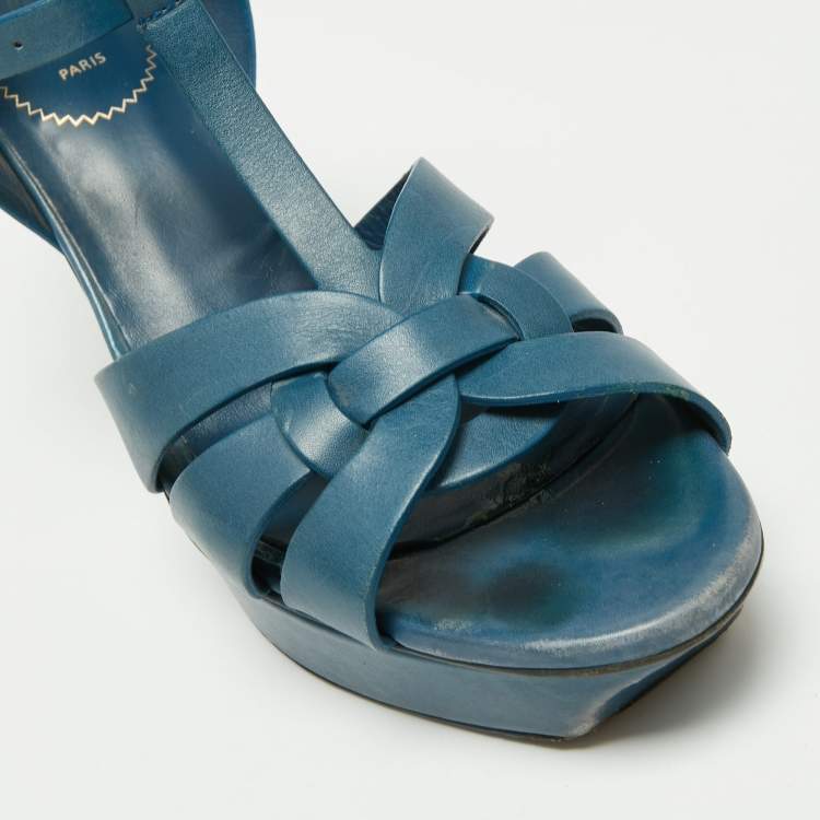 Pre Owned Yves Saint Laurent Blue Leather Tribute Sandals Size 39