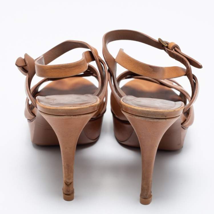 Pre Owned Yves Saint Laurent Caramel Brown Leather Tribute Platform Sandals Size 39